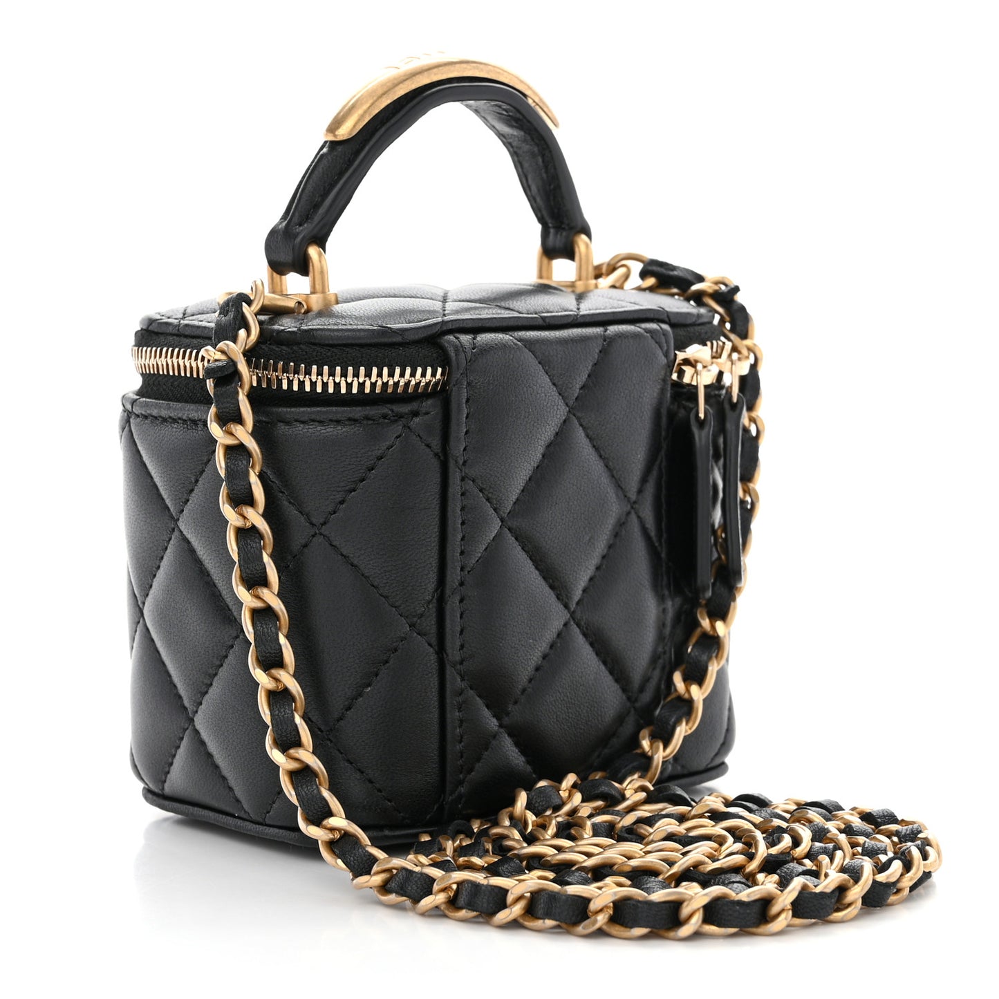 Lambskin Quilted Metal Mini Top Handle Vanity Case With Chain Black