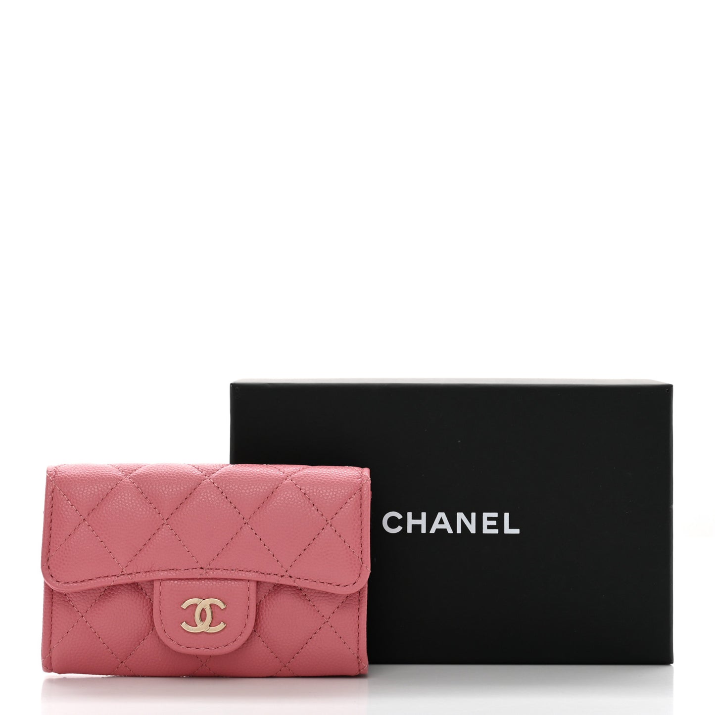 Caviar Quilted Flap Card Holder Wallet Pink