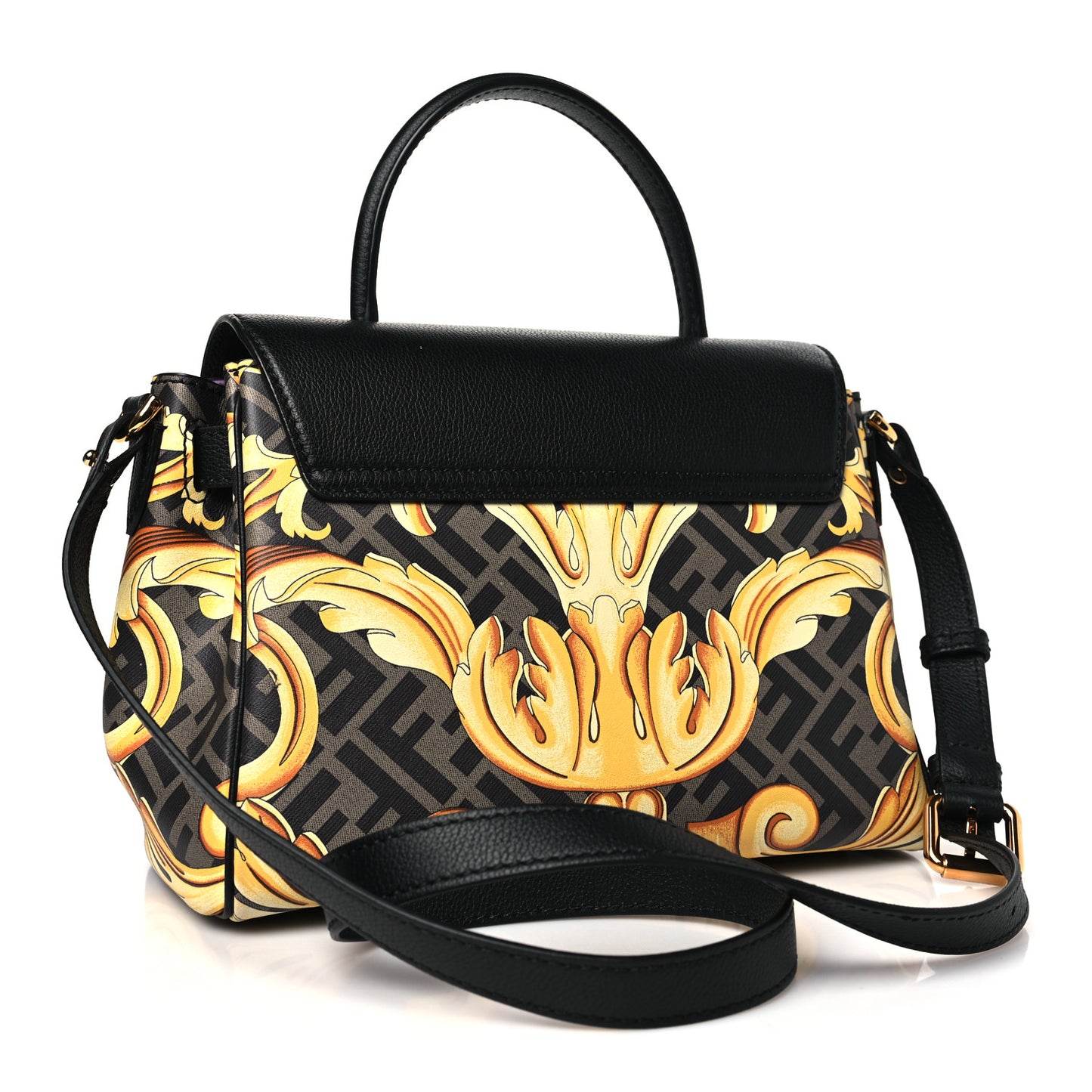 X FENDI Grained Calfskin Fendace La Medusa Medium Top Handle Bag Black Multicolor