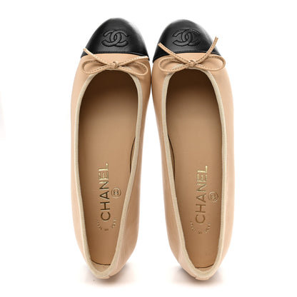 Chanel Lambskin Cap Toe CC Ballerina Flats 38 Beige Black 2 of 9