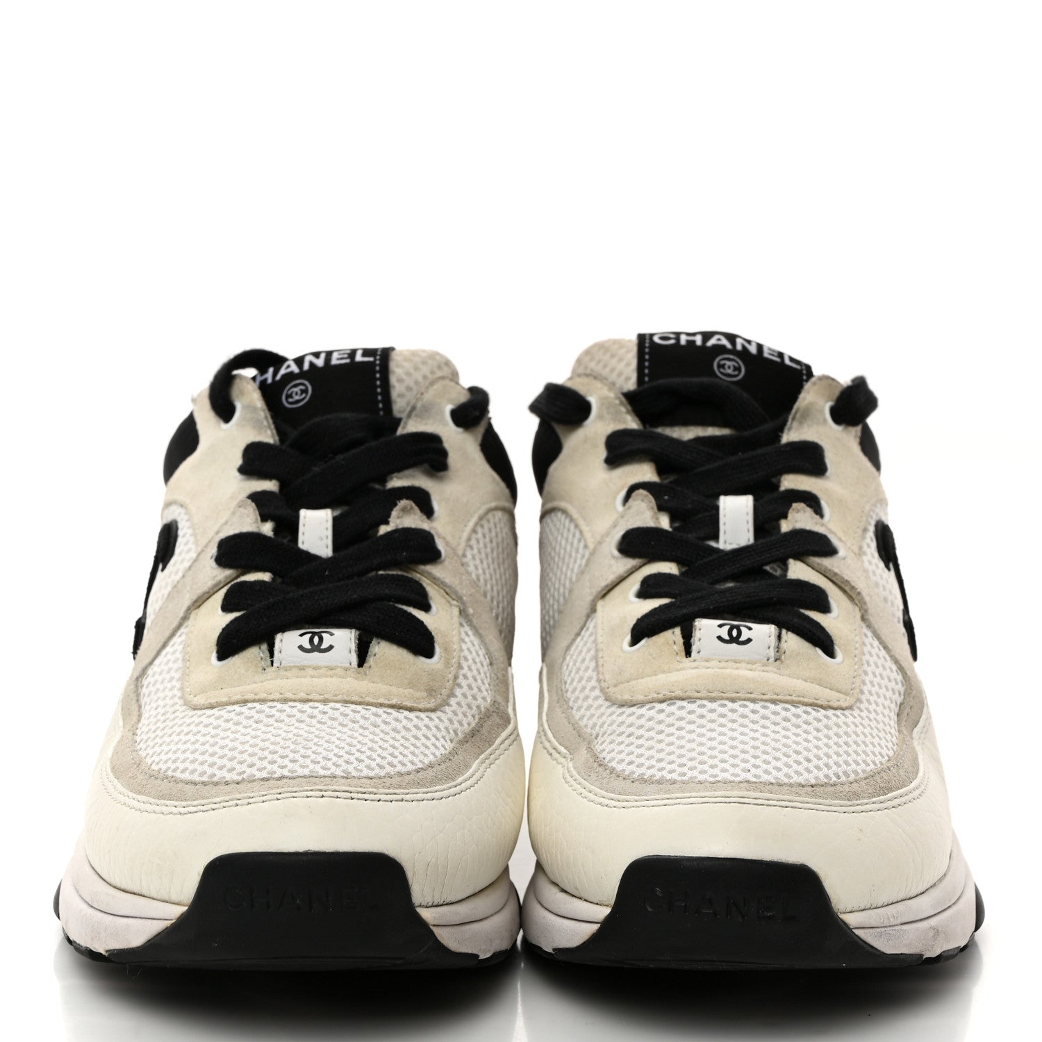 Chanel Mesh Suede Calfskin Grained Calfskin Womens CC Sneakers 39.5 White Black 2 of 8