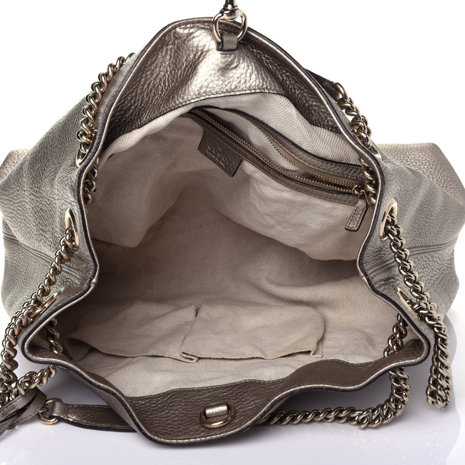 Gucci Metallic Pebbled Calfskin Medium Soho Chain Shoulder Bag Golden Beige 6 of 12