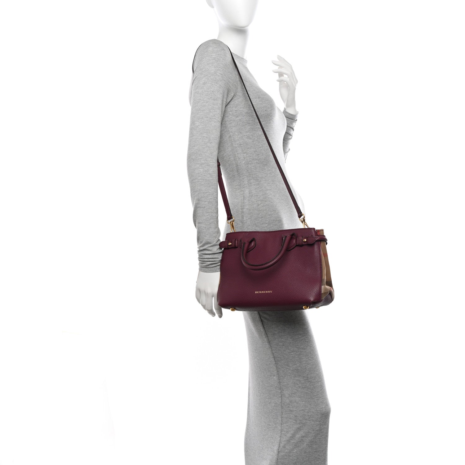 Burberry Grainy Calfskin House Check Small Banner Tote Elderberry 2 of 12