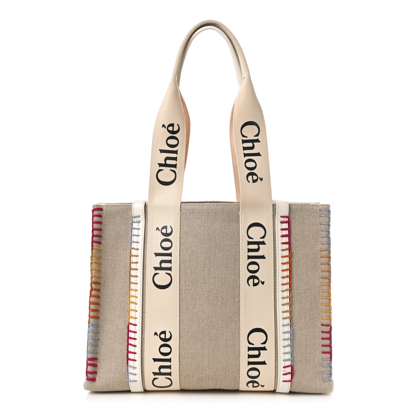 Linen Canvas Calfskin Blanket Stitched Medium Woody Ribbon Tote White Multicolor
