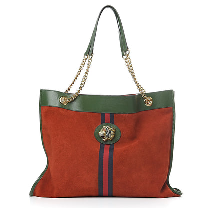 Gucci Suede Calfskin Large Rajah Chain Tote Hibiscus Red Green 3 of 14