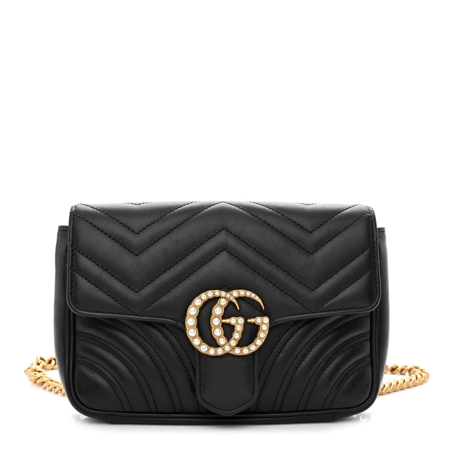 Calfskin Matelasse Pearly GG Marmont Chain Belt Bag Black