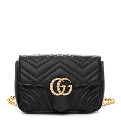 Gucci Calfskin Matelasse Pearly GG Marmont Chain Belt Bag Black 1 of 12