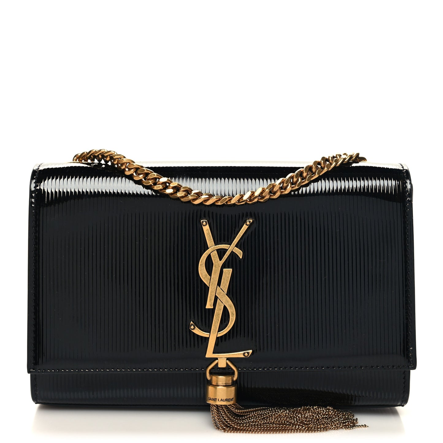 Patent Linear Embossed Small Classic Monogram Kate Tassel Satchel Black