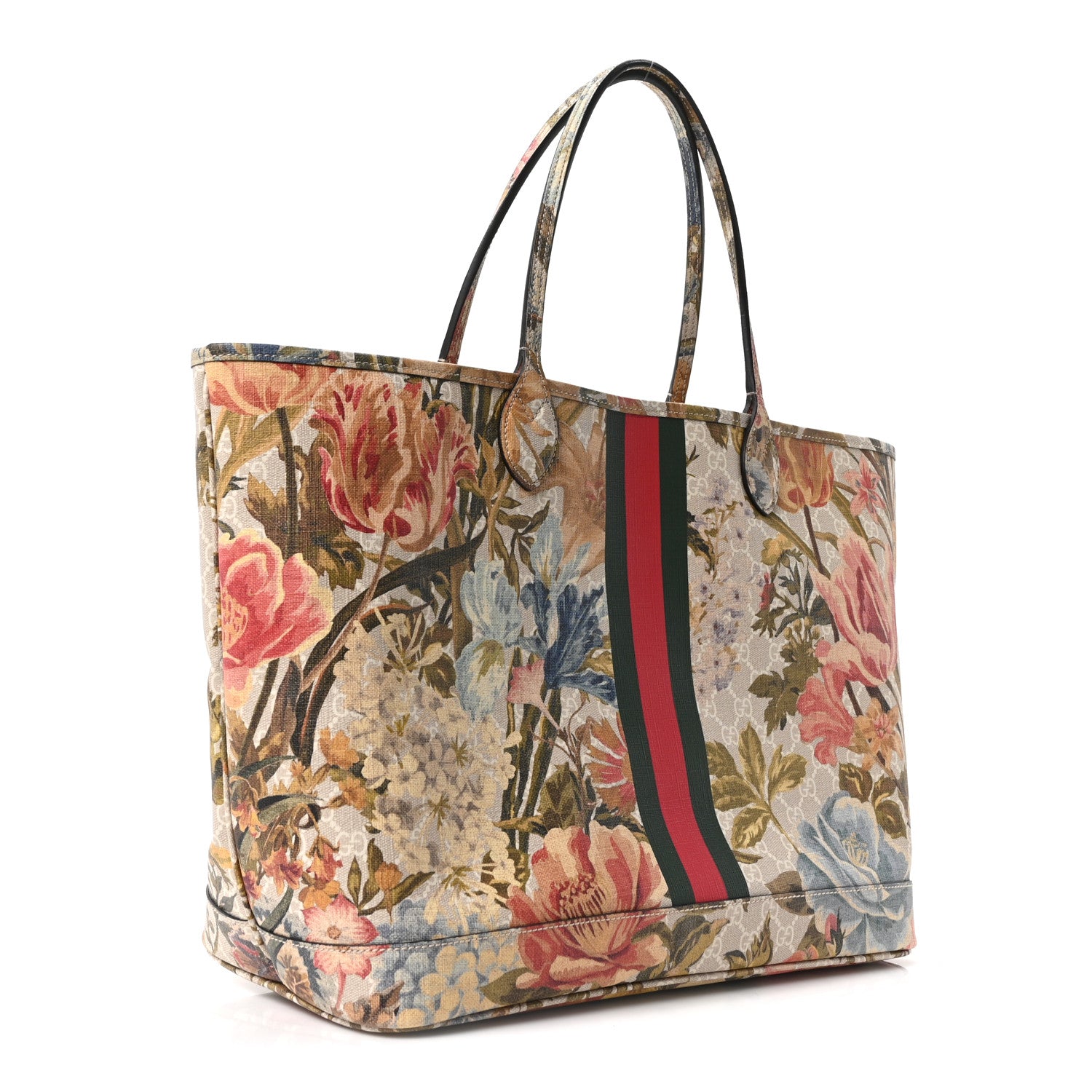 Gucci GG Supreme Monogram Water Flora Web Large Ophidia Tote Beige White Multicolor 3 of 10
