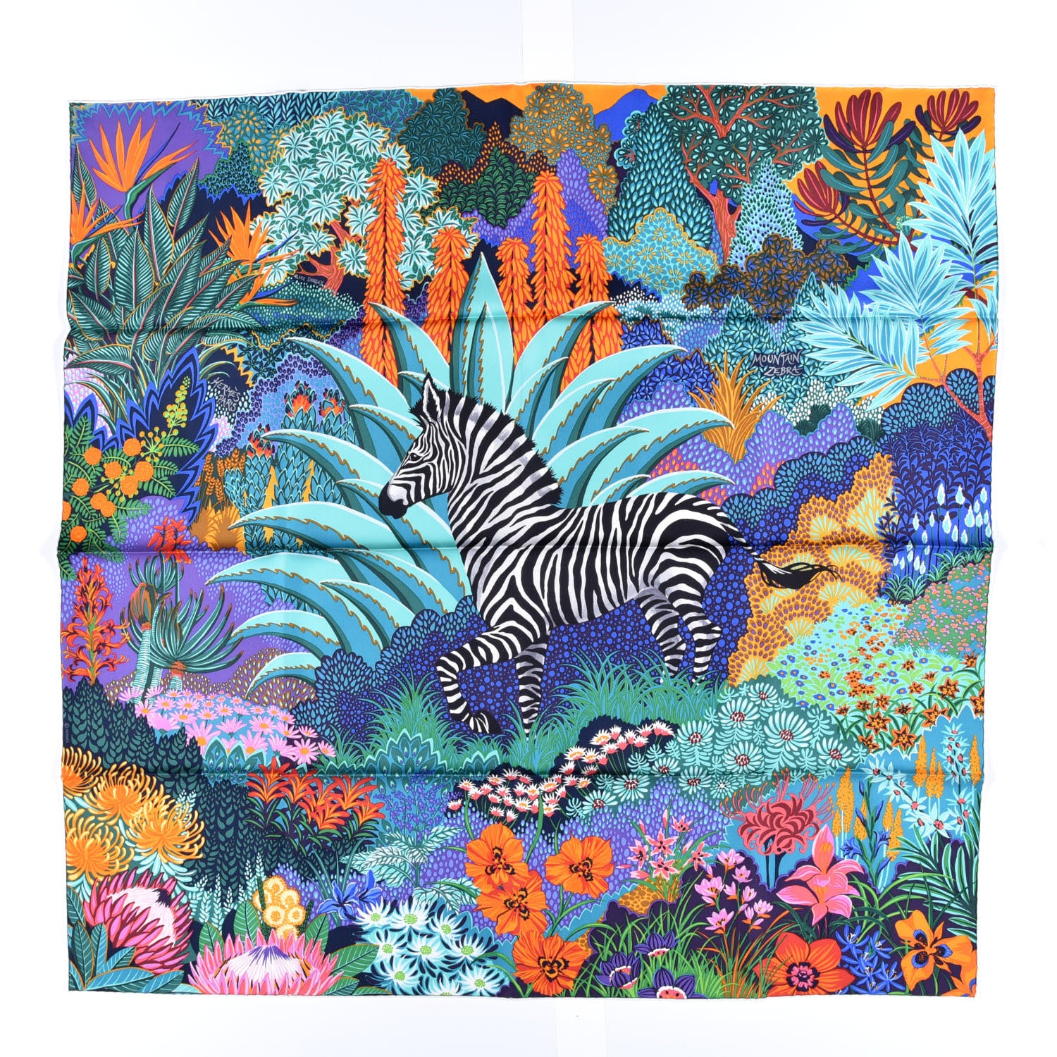 Hermes Silk Mountain Zebra Scarf 90 Turquoise Orange 1 of 4