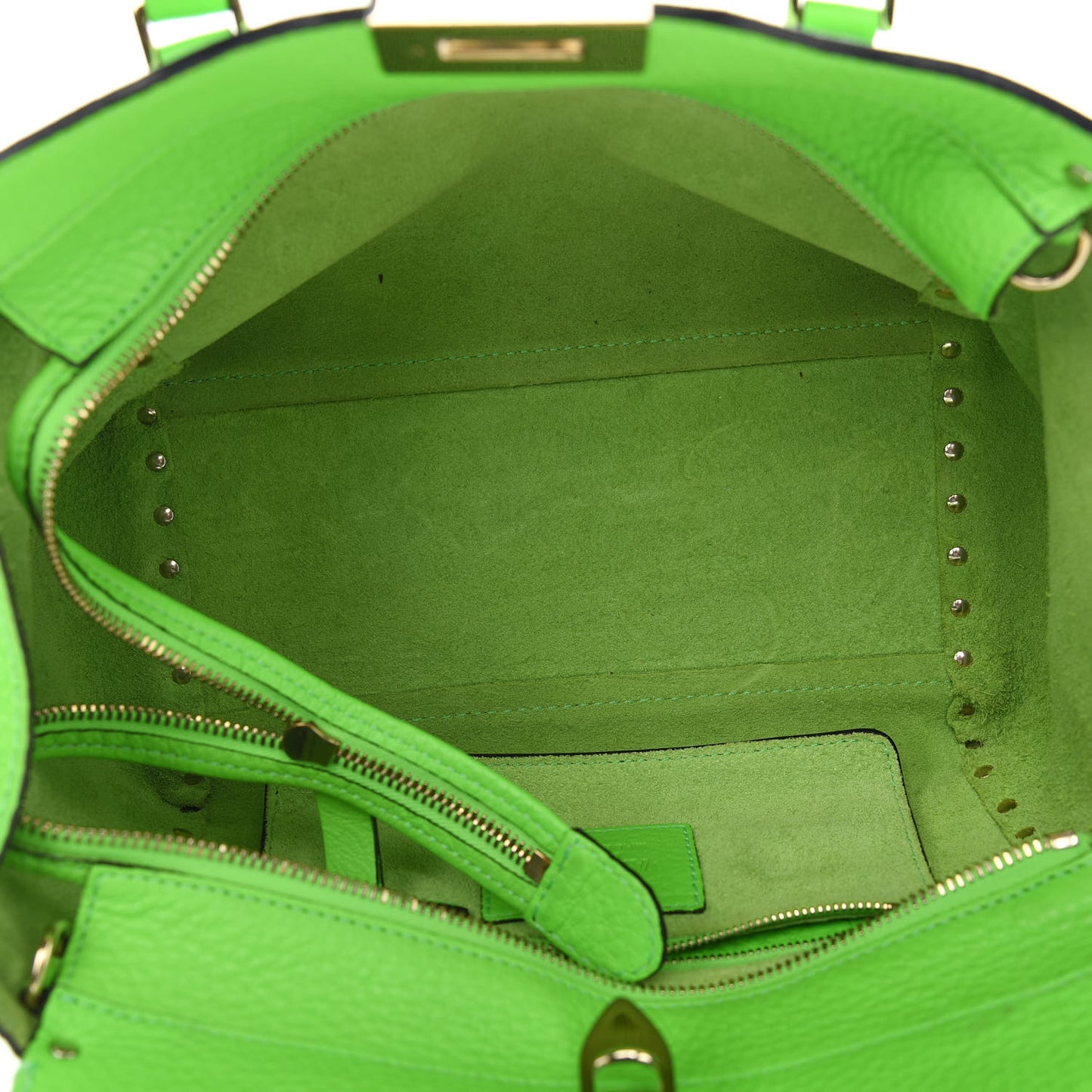 Pebbled Calfskin Small Rockstud Double Handle Tote Green Fluo