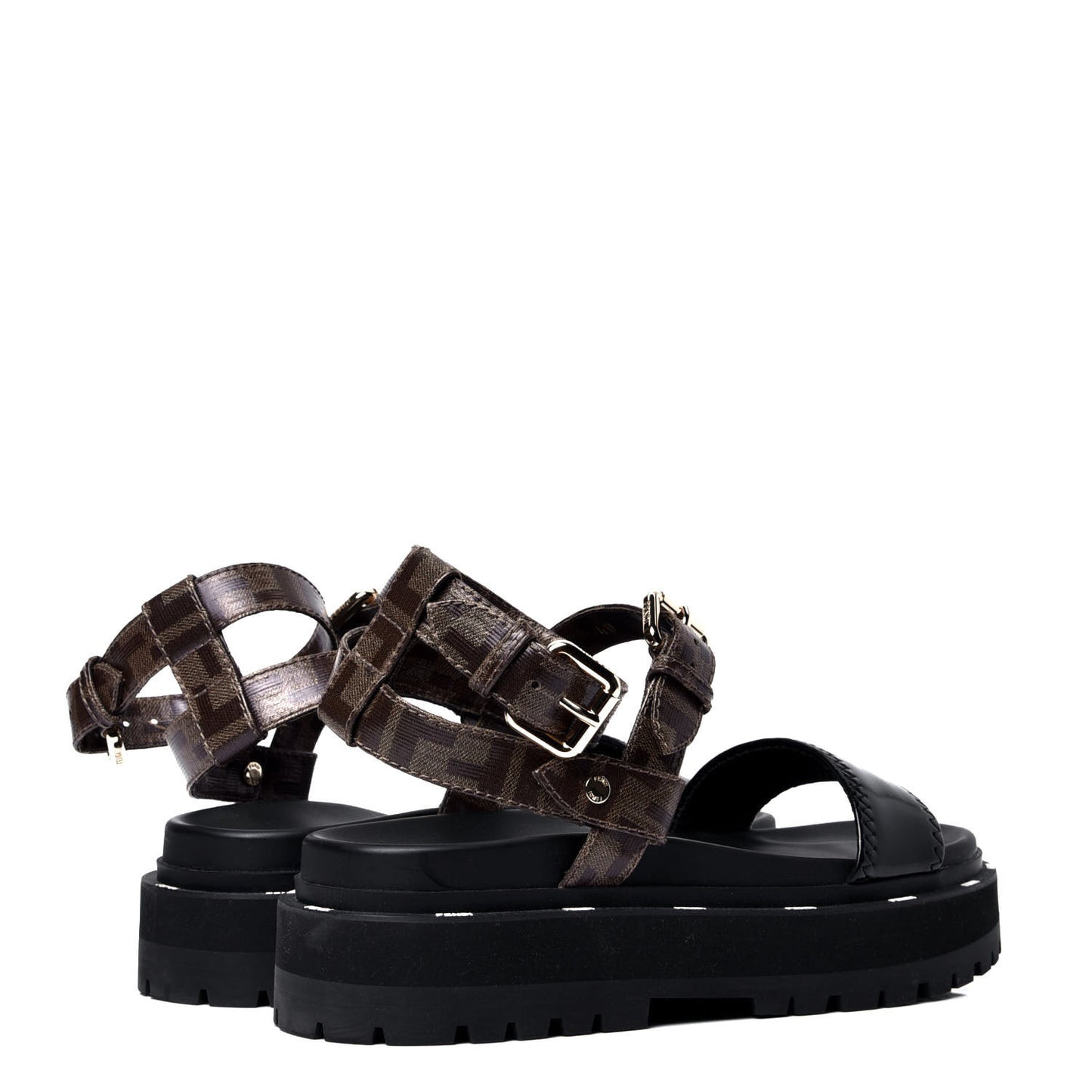 Vernice High-Tech Glazed Fabric FF Lug Sole Platform Sandals 40 Black Tobacco Moro