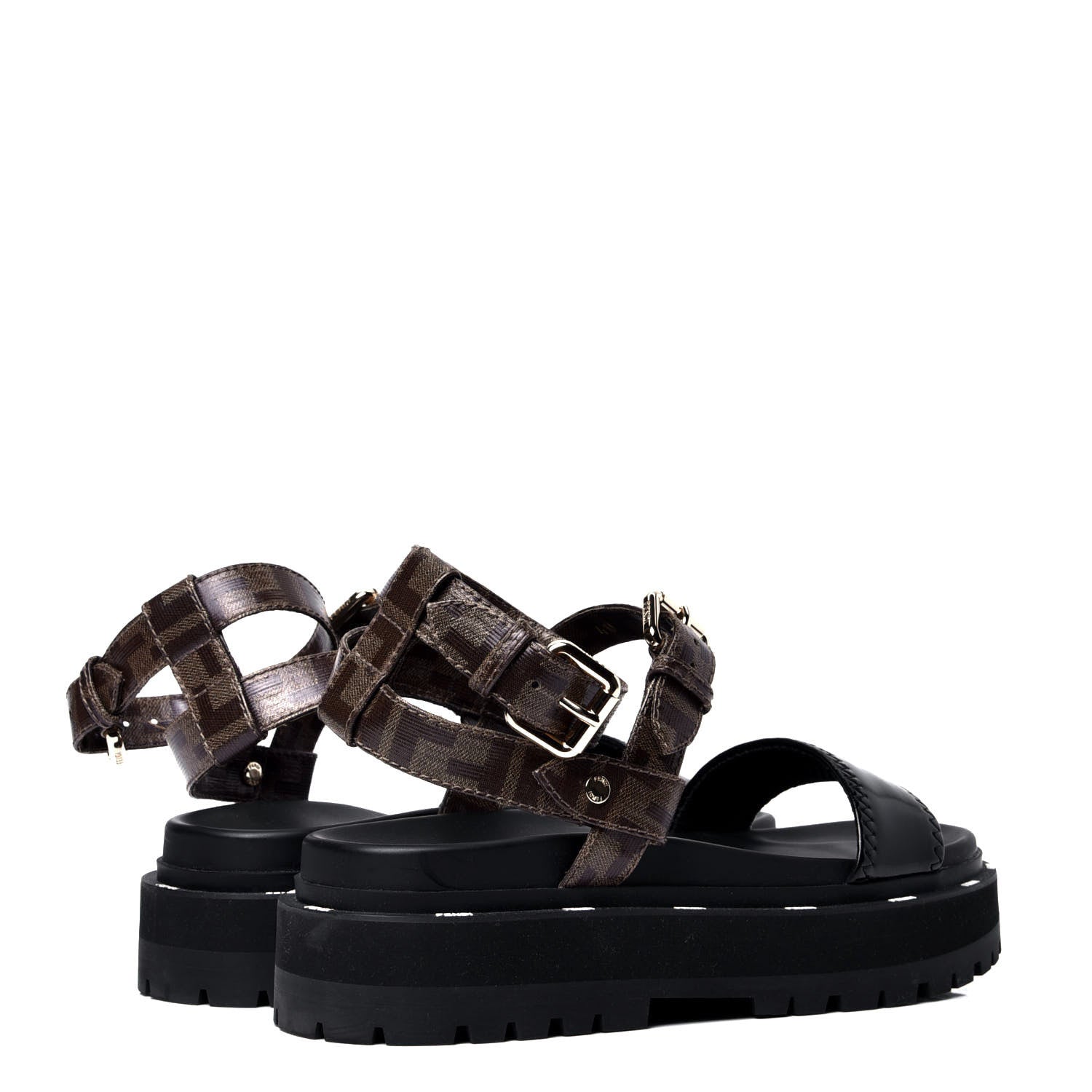 Fendi Vernice High-Tech Glazed Fabric FF Lug Sole Platform Sandals 40 Black Tobacco Moro 3 of 6