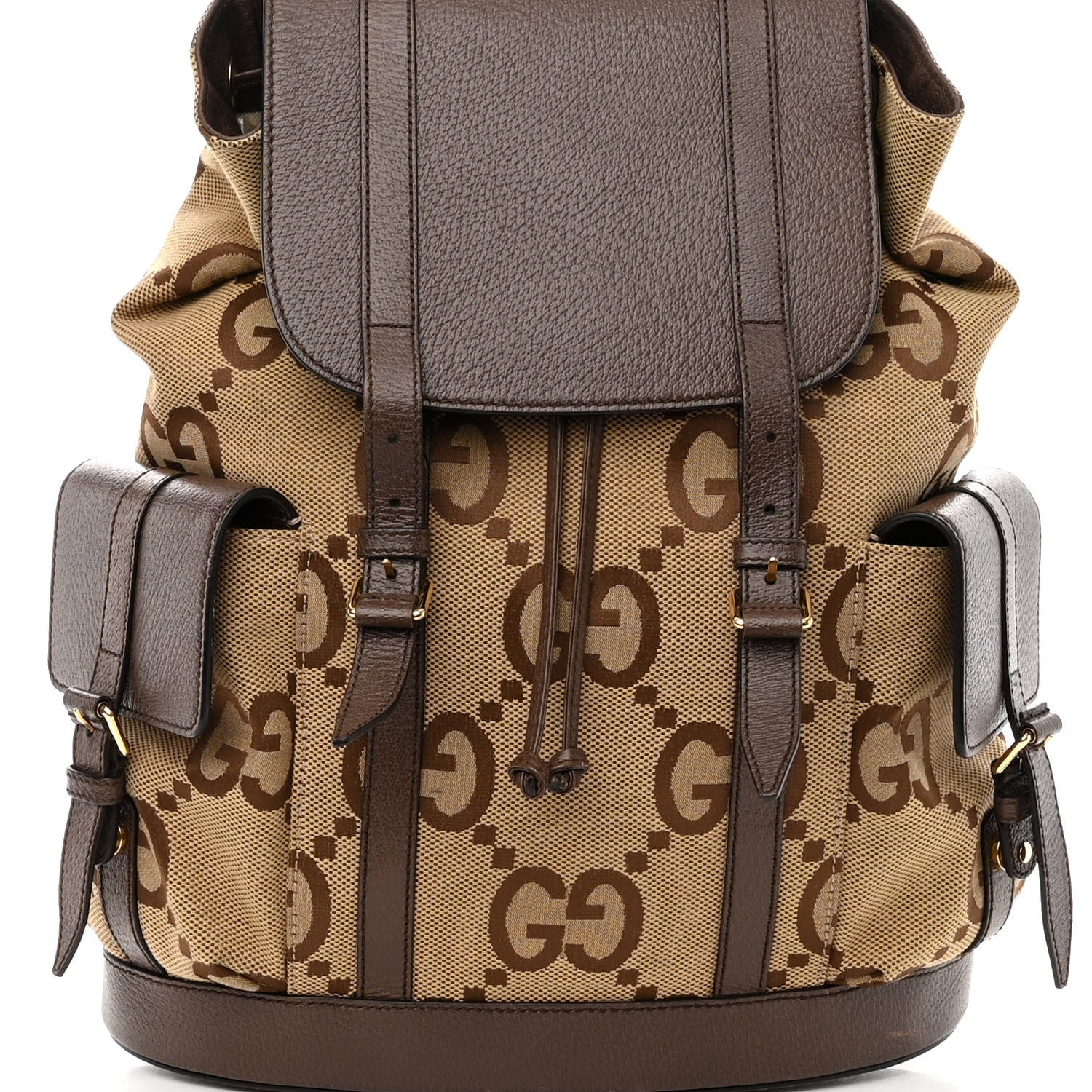 Gucci Monogram Jumbo GG Textured Dollar Calfskin Web Double Buckle Backpack Camel Ebony New Acero 7 of 10