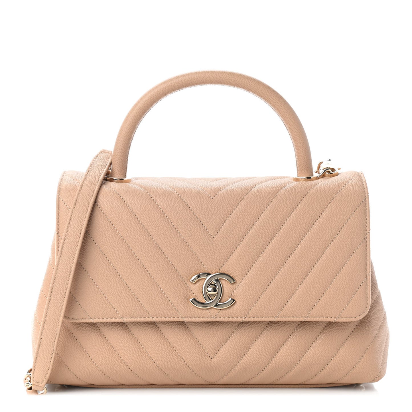 Caviar Chevron Quilted Small Coco Handle Flap Beige