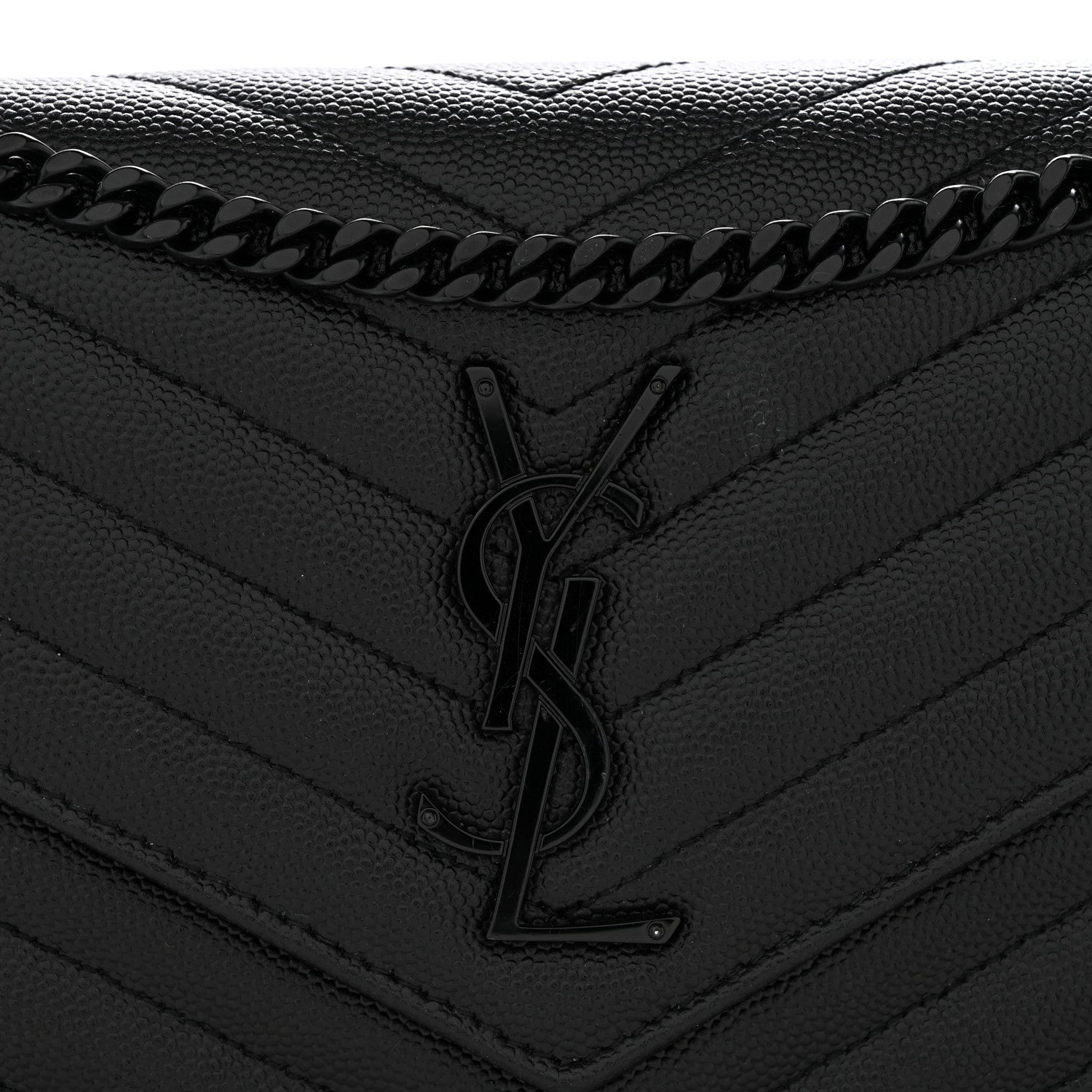 Saint Laurent Grain De Poudre Matelasse Chevron Monogram Monochrome Chain Wallet Black 11 of 12