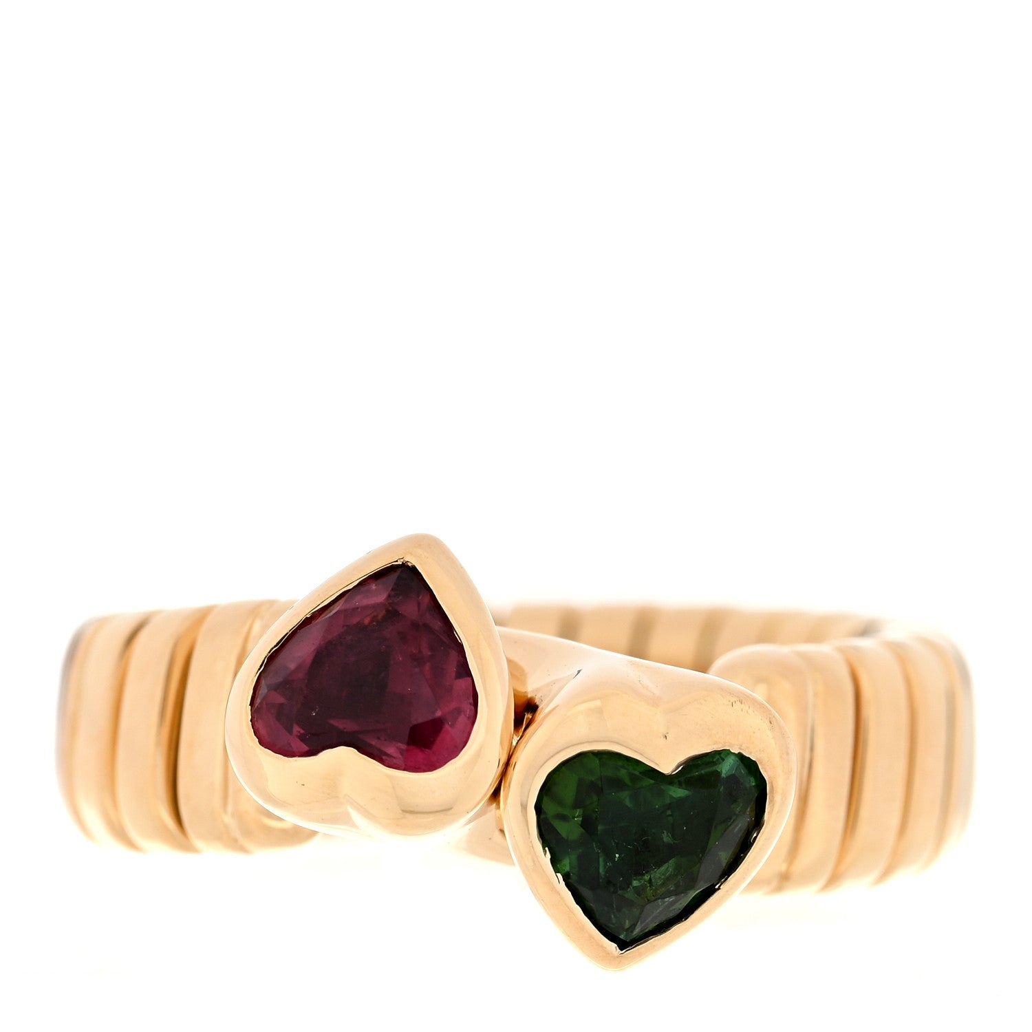 Bulgari 18K Yellow Gold Pink Green Tourmaline Heart Bypass Tubogas Ring 52 6 1 of 4