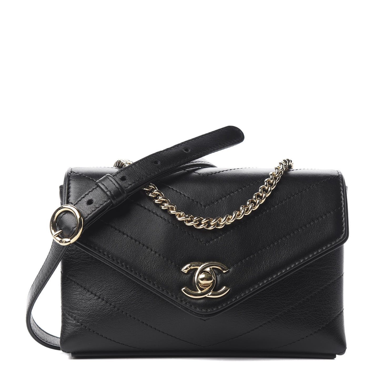 Calfskin Chevron Stitched Coco Waist Bag Black