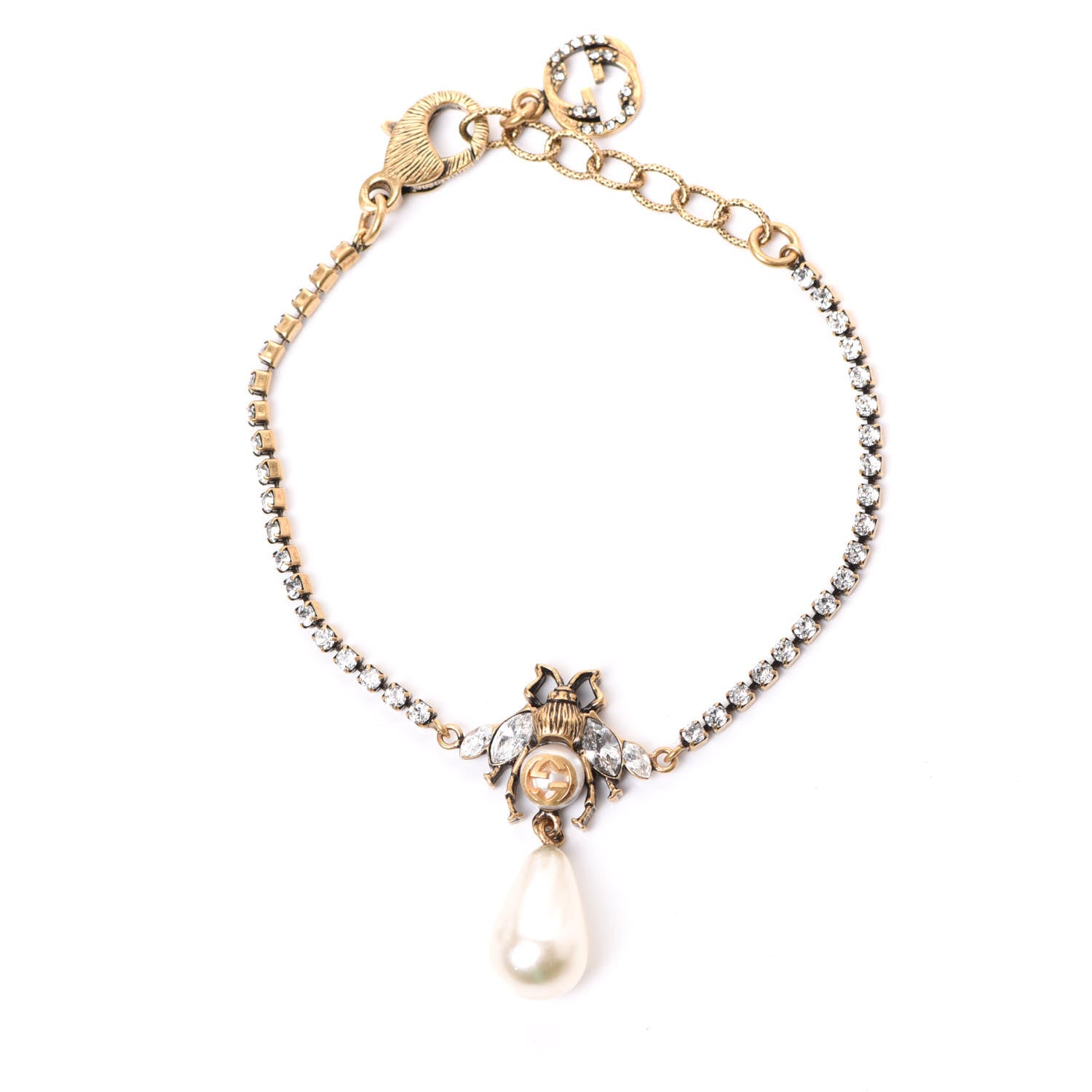 Gucci Crystal Pearl Bee Bracelet Aged Gold 1 of 5