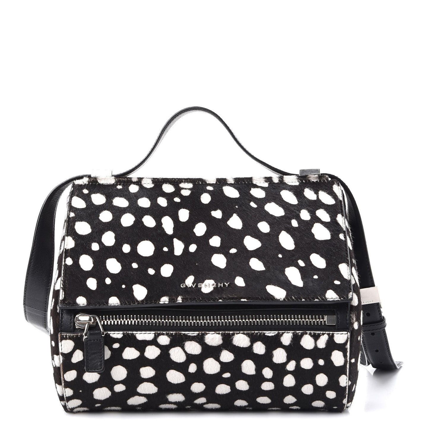 Calf Hair Polka Dot Print Medium Pandora Box Crossbody Bag Black White.