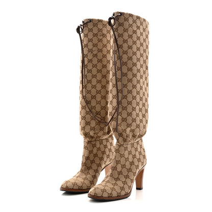 Gucci Monogram Malaga Kid Lisa Mid Heel Boots 37.5 Beige Ebony 3 of 10