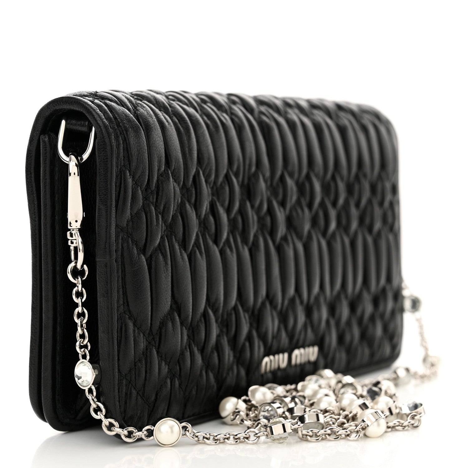Miu Miu Nappa Matelasse Crystal Chain Wallet On Chain Black 3 of 12