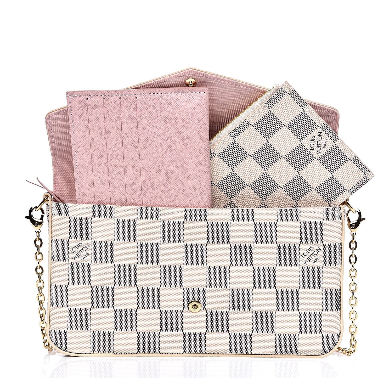 Damier Azur Pochette Felicie Chain Wallet Rose Ballerine