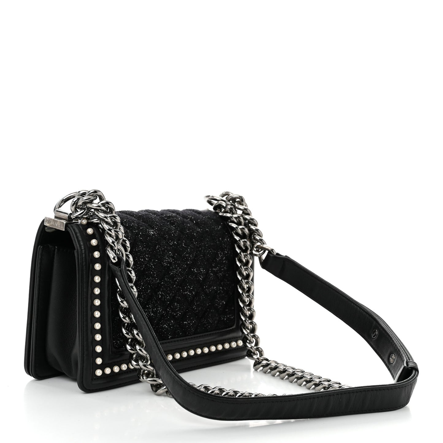 Calfskin Pearl Tweed Small Boy Flap Black