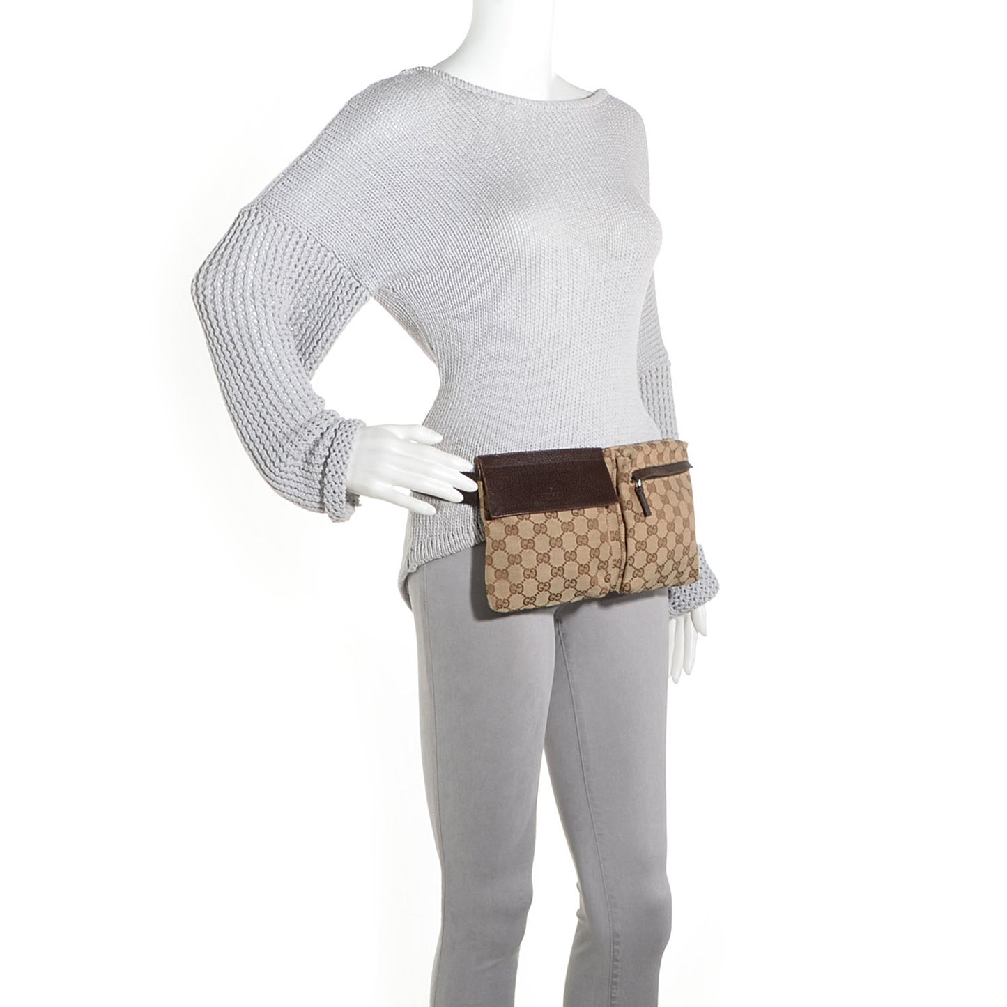 GG Monogram Web Double Pocket Belt Bag Dark Brown