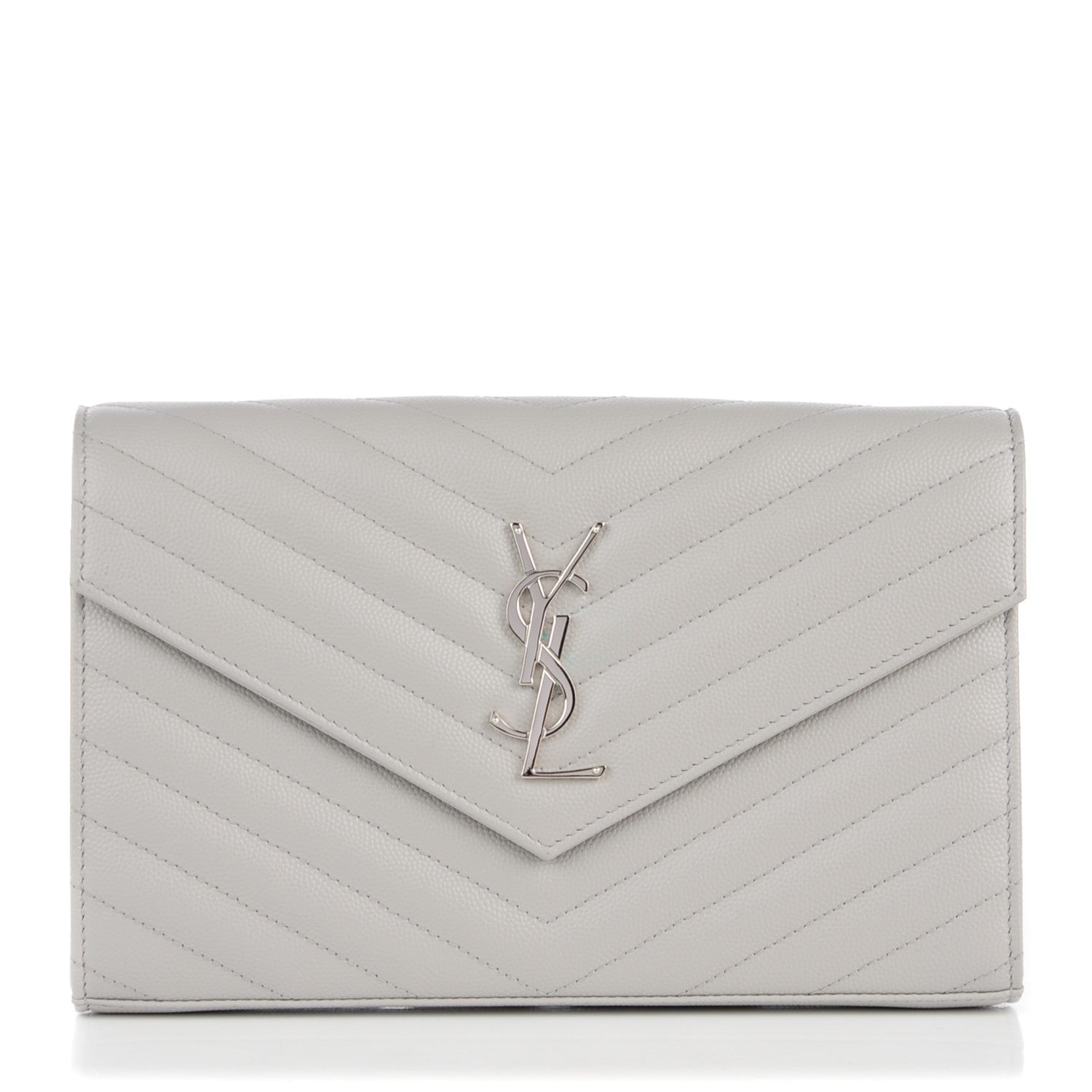 Saint Laurent Grain De Poudre Matelasse Chevron Monogram Chain Wallet Light Grey 1 of 9