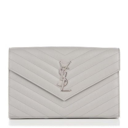 Saint Laurent Grain De Poudre Matelasse Chevron Monogram Chain Wallet Light Grey 1 of 9