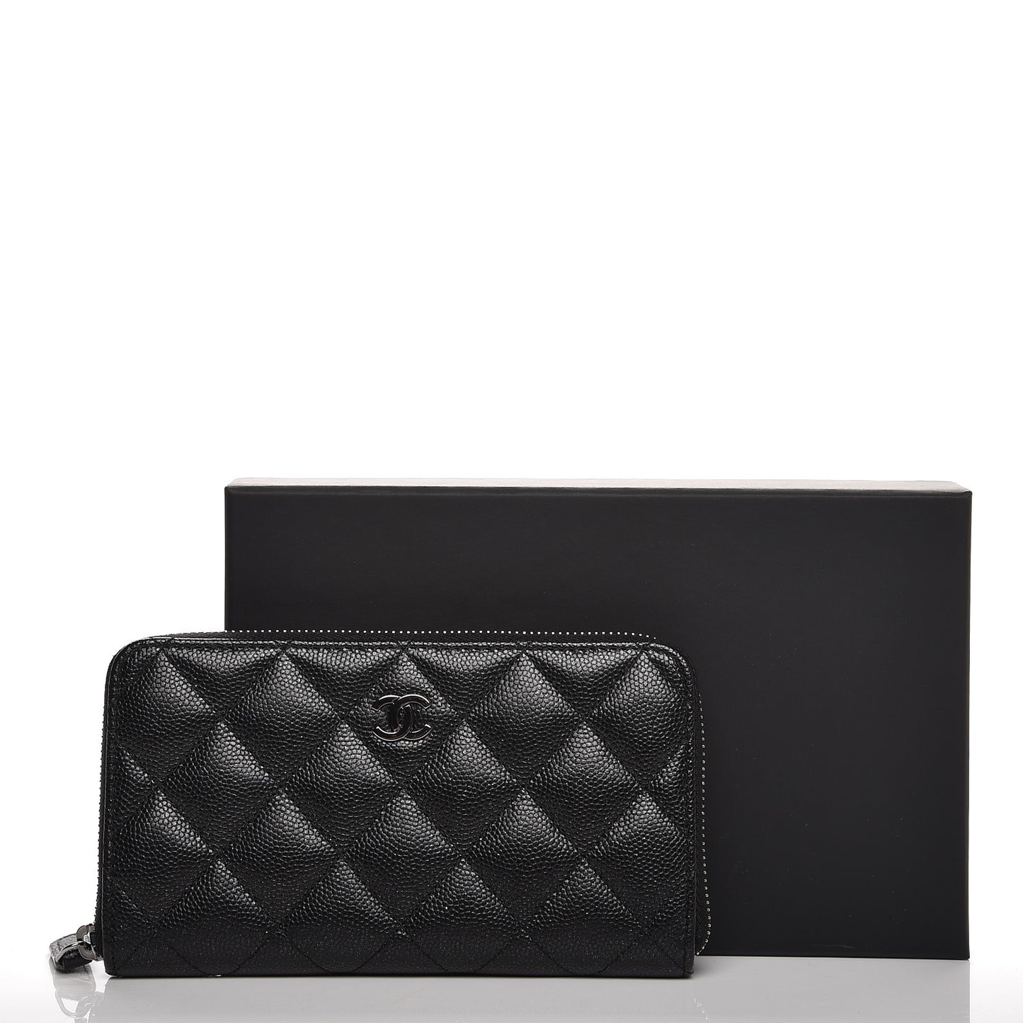 Metallic Caviar Quilted Small Zip Around Wallet Black