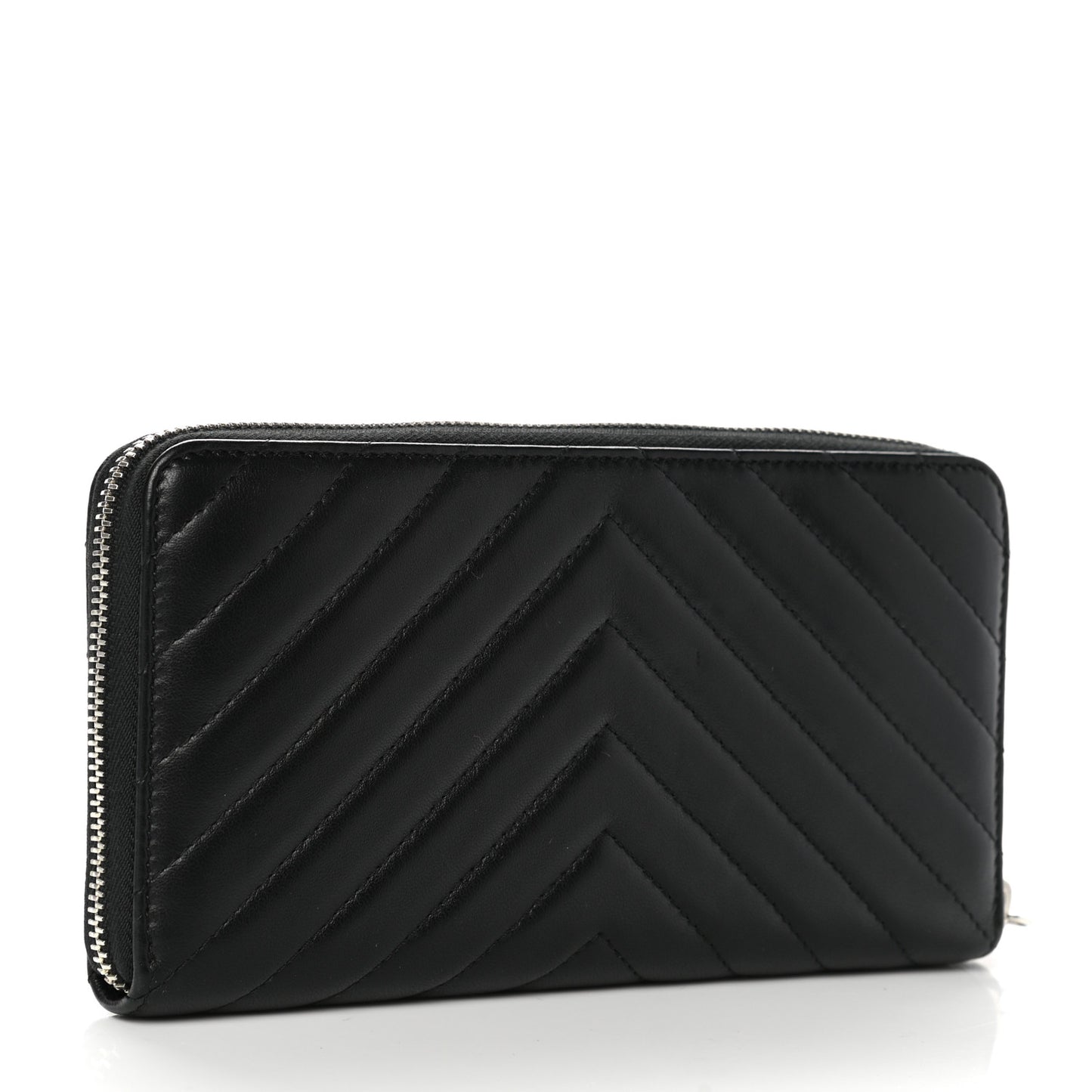 Lambskin Chevron Quilted Zip Around Wallet Black
