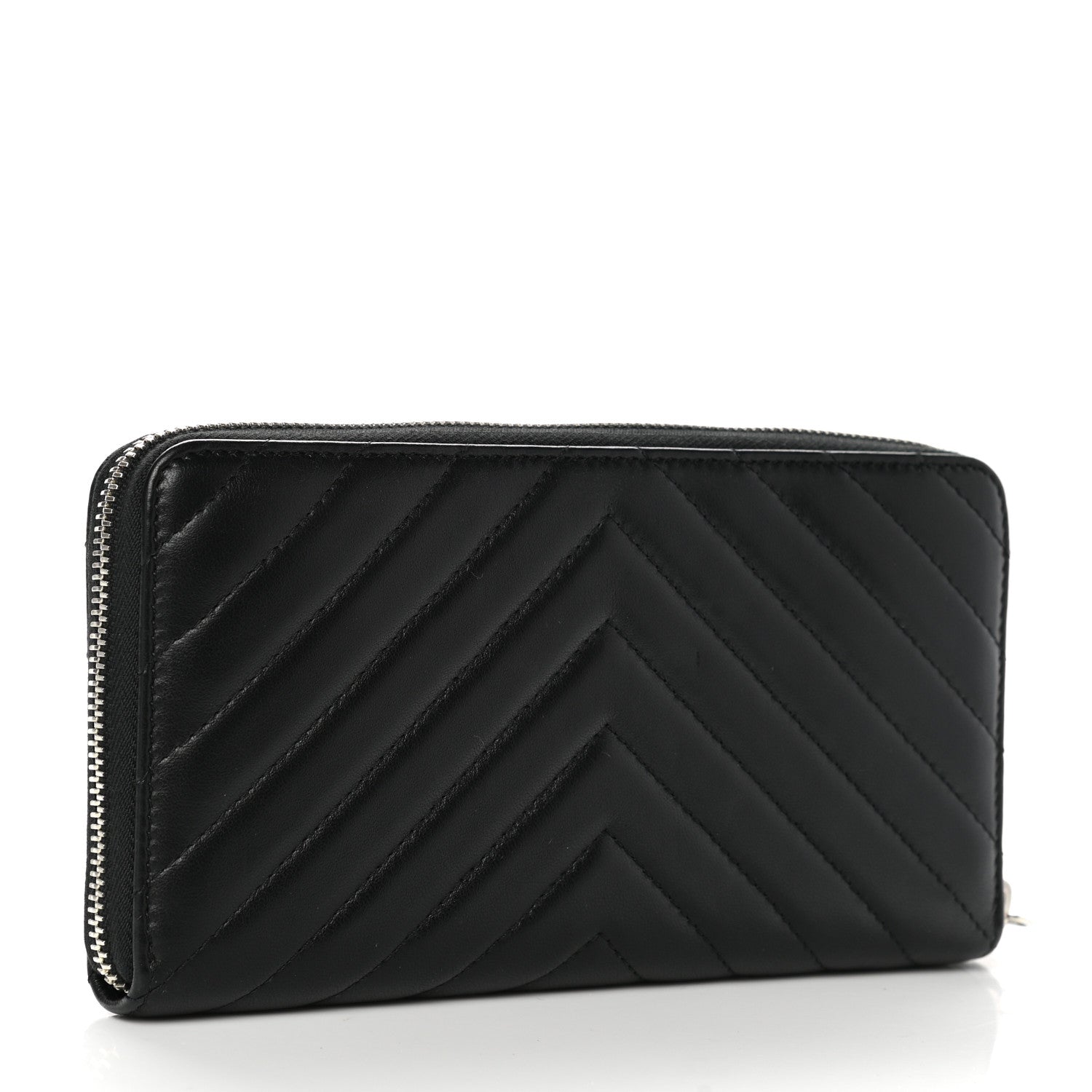 Chanel Lambskin Chevron Quilted Zip Around Wallet Black 3 of 9