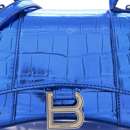 Balenciaga Metallic Shiny Calfskin Crocodile Embossed Hourglass Top Handle Bag XS Royal Blue 9 of 13