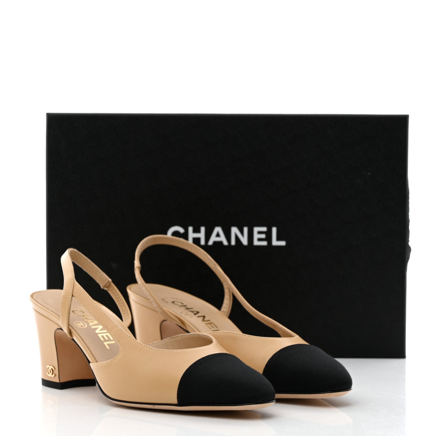 Goatskin Grosgrain Cap Toe CC Slingback Pumps 36 Beige Black