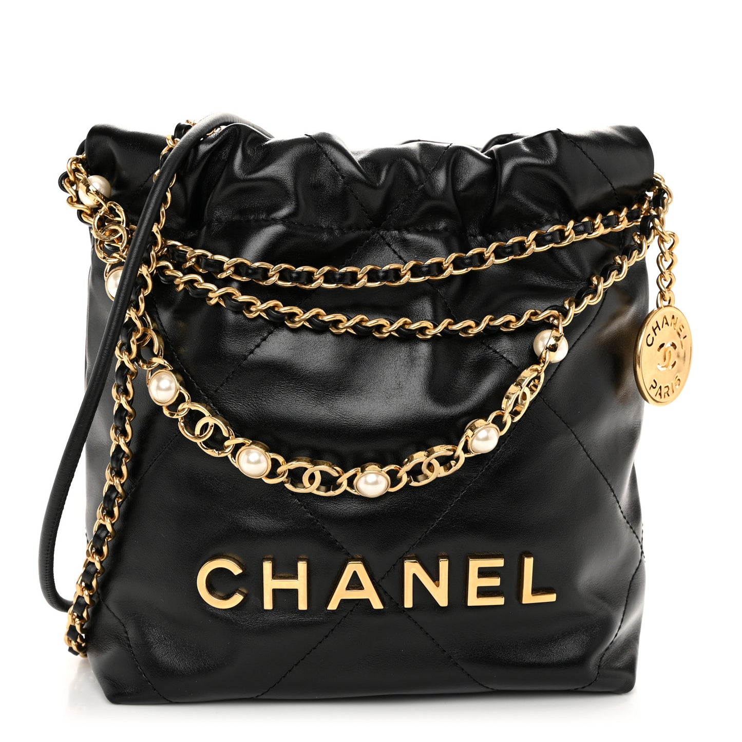 Shiny Calfskin Quilted Pearl CC Chain Mini Chanel 22 Black
