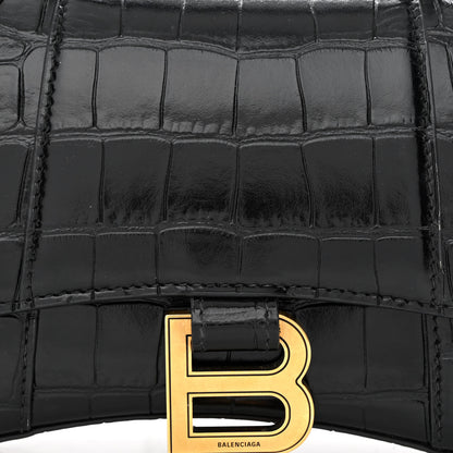 Balenciaga Shiny Calfskin Crocodile Embossed Hourglass Top Handle Bag XS Black 7 of 9