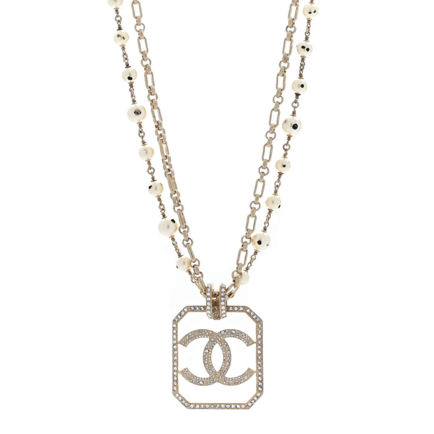 Chanel Pearl Crystal CC Double Strand Necklace Gold 1 of 5