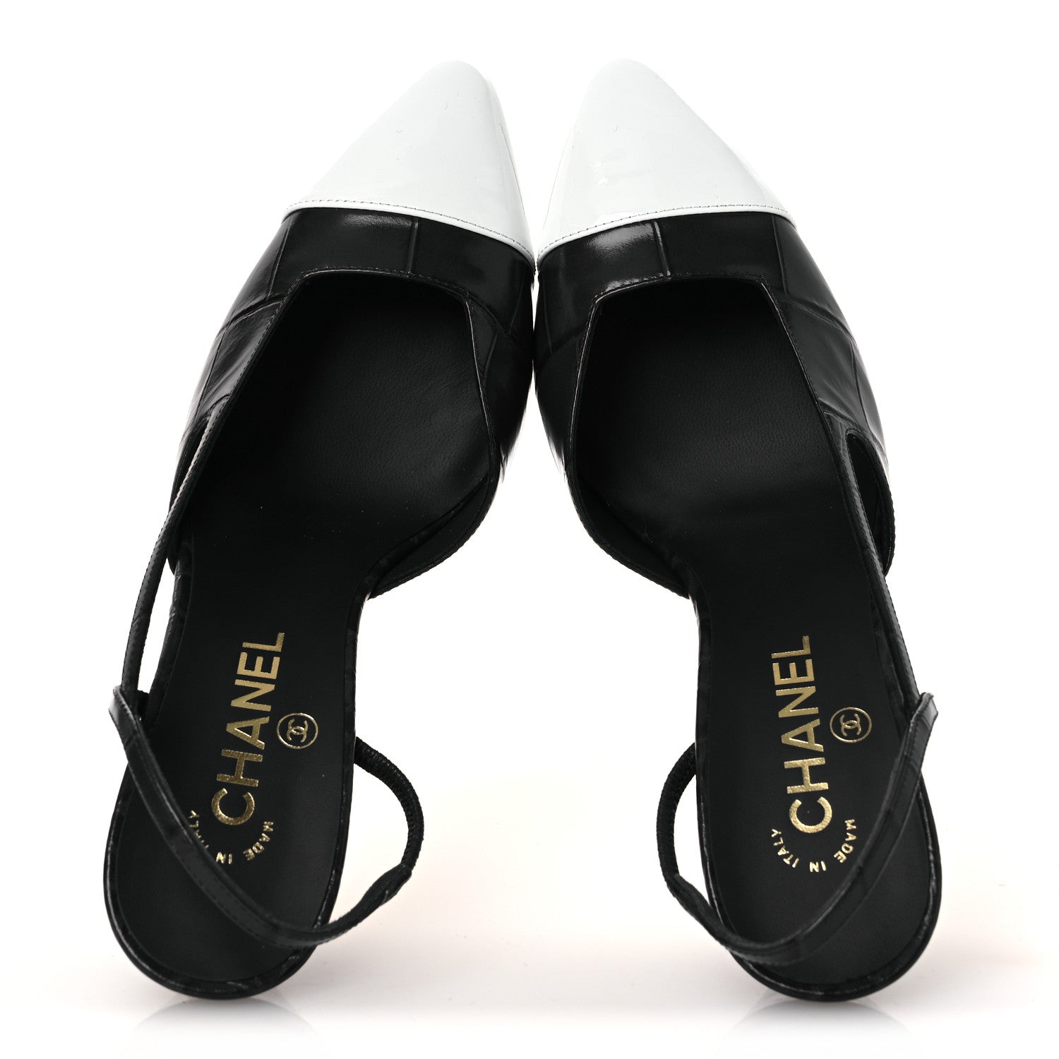 Chanel Patent Calfskin Crocodile Embossed Cap Toe CC Slingback Pumps 38.5 Dark Grey White 2 of 11