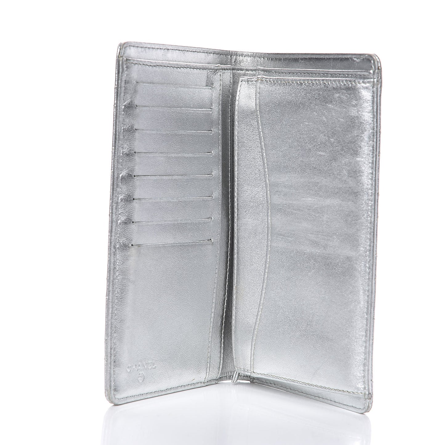 Metallic Calfskin Quilted Yen Wallet Dark Silver