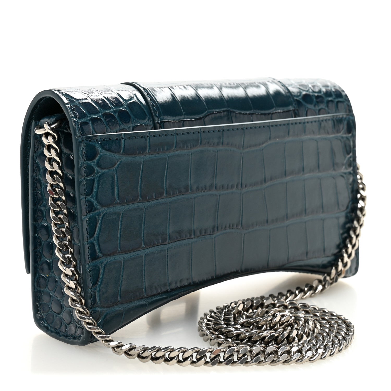 Balenciaga Shiny Calfskin Crocodile Embossed Hourglass Chain Bag Dark Petrol Blue 3 of 9