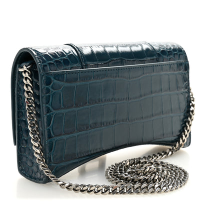 Balenciaga Shiny Calfskin Crocodile Embossed Hourglass Chain Bag Dark Petrol Blue 3 of 9