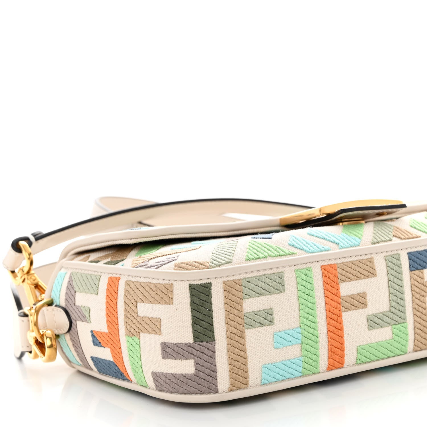 Fendi Canvas Vitello Seta FF Multicolor Embroidered Baguette Grezzo Multicolor Latte 8 of 9