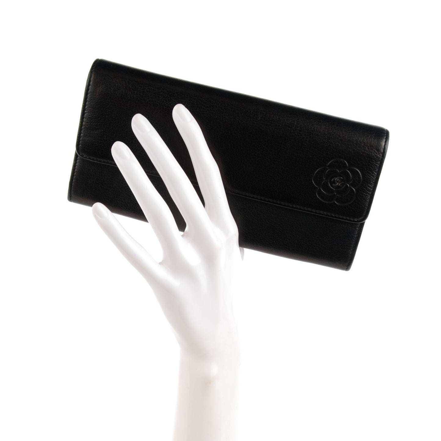 Goatskin Camellia Embossed Flap Wallet Black