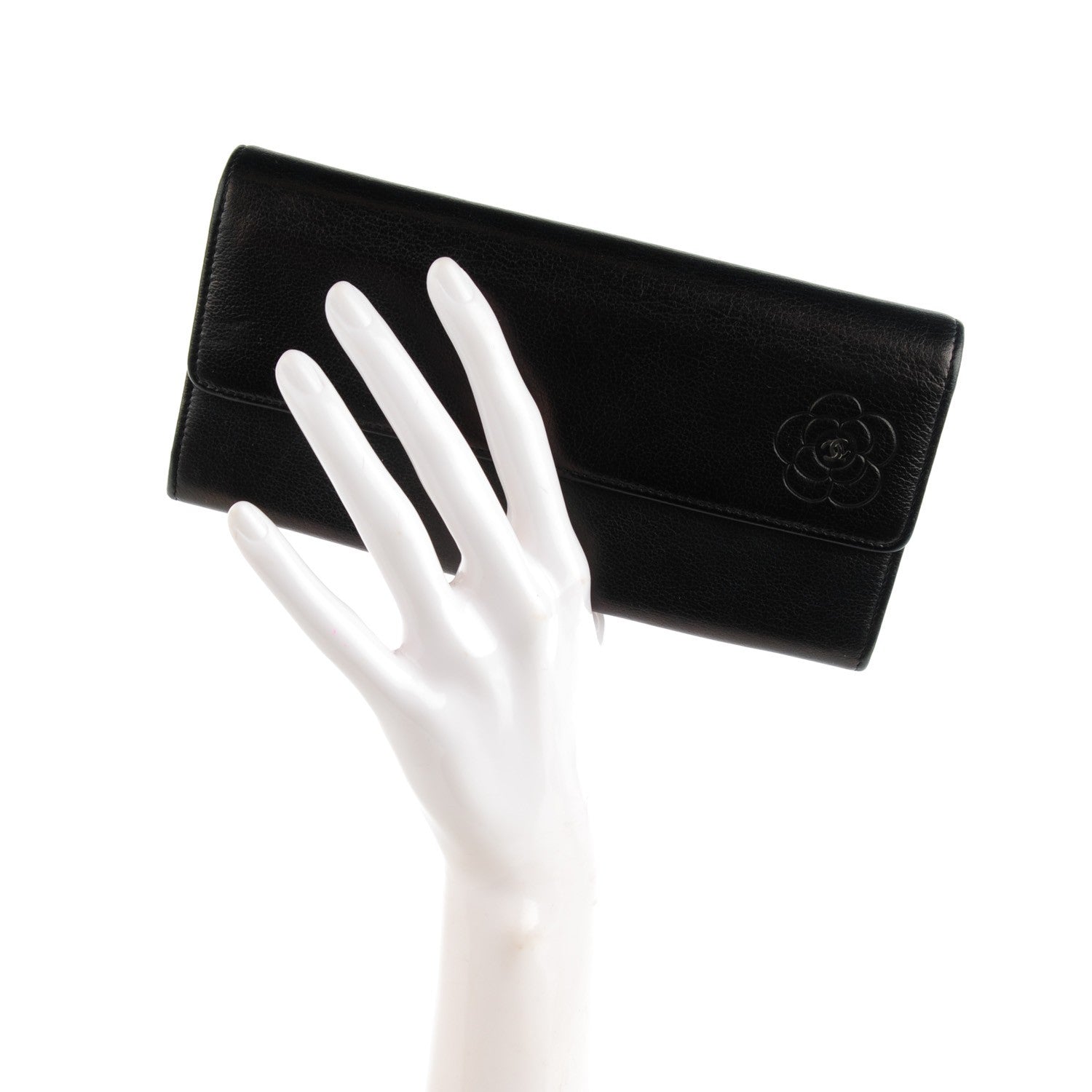 Chanel Goatskin Camellia Embossed Flap Wallet Black 2 of 8