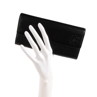 Chanel Goatskin Camellia Embossed Flap Wallet Black 2 of 8