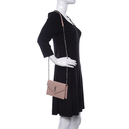 Saint Laurent Grain De Poudre Matelasse Chevron Monogram Envelope Chain Wallet Pale Pink 2 of 9