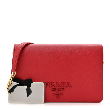 Prada Saffiano Lux Metal Logo Monochrome Mini Flap Chain Shoulder Bag Fuoco 3 of 10