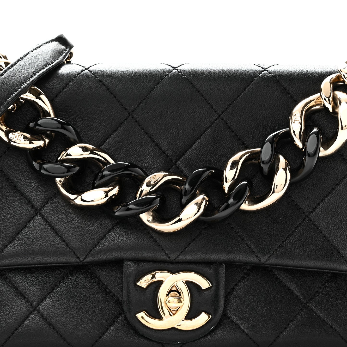 Lambskin Quilted Resin Bi-Color Chain Flap Bag Black